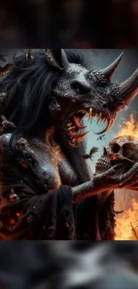 Horned creature holding a fiery skull with a dark background.