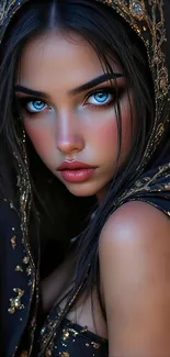 Portrait of a mystical beauty in richly embroidered attire with captivating eyes.