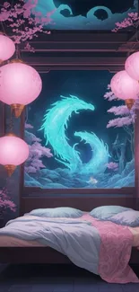 Mystical bedroom with blue dragon silhouette and pink lanterns.