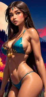 Fantasy art with bikini model, blue hues, and mystical background.