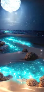 Bioluminescent beach under a glowing full moon.