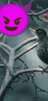 Bird on a branch with a purple devil emoji art.