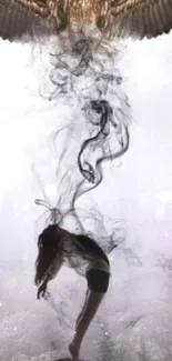 Mystical bird merging with smoke creates a captivating design.