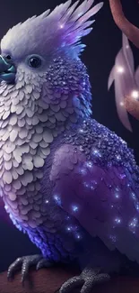 Mystical bird with purple feathers on a fantasy mobile wallpaper.