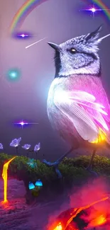 A vibrant, mystical bird perches in a colorful fantasy landscape.