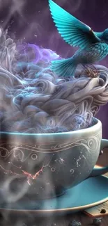 A mystical blue bird rises from a steamy teacup, surrounded by swirling smoke.