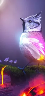 Mystical bird with neon glow amidst a surreal fantasy landscape.