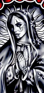 Mystical hooded figure in black and silver artwork wallpaper.