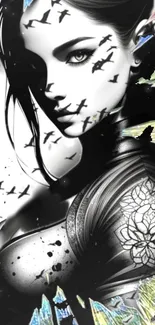 Black and white wallpaper featuring a woman with tattoos and birds.