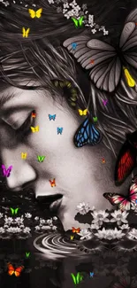 Black and white art with colorful butterflies.