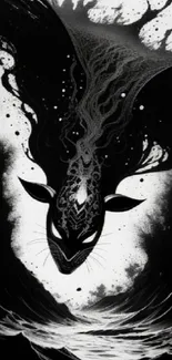 Mystical black and white abstract art wallpaper with dramatic creature design.