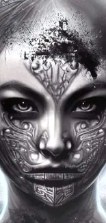 Mystical black and white face with intricate designs in digital art style.