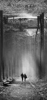 Black and white forest scene with two walking figures.