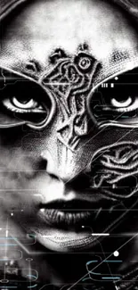 Black and white wallpaper featuring a mysterious masked figure with intricate designs.