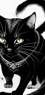 Mystical black cat with intricate details in artistic mobile wallpaper.