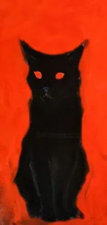 Mystical black cat with vibrant orange backdrop.