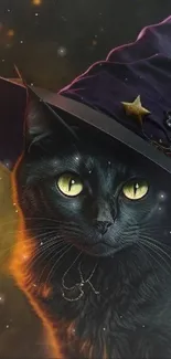 Mystical black cat in a witch hat.