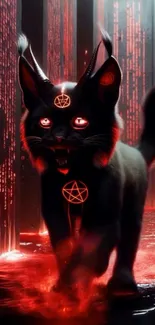 Mystical black cat with glowing red symbols wallpaper.