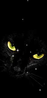 Black cat with glowing yellow eyes on a dark background.