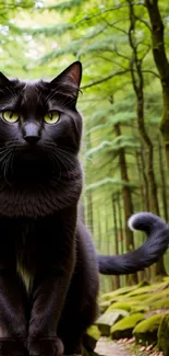 Black cat sitting amidst a lush green forest path.