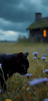 A black cat in a meadow with a cabin under a cloudy sky.