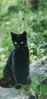 Black cat with yellow eyes surrounded by green foliage.