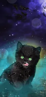 Mystical black cat with green eyes in a moonlit fantasy setting.