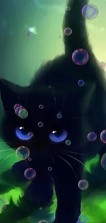 Mystical black cat in an enchanted forest with vibrant green lighting.