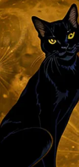 Black cat sits on a pole before a glowing golden moon.