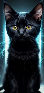 A black cat with yellow eyes in a glowing, mystical phone wallpaper.