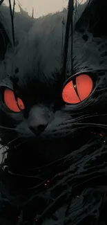 Mystical black cat with glowing red eyes, dark and artistic design.