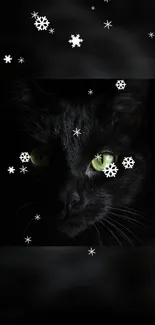 Mystical black cat with green eyes and snowflakes on a dark background.