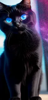 A mystical black cat with neon eyes and vibrant colors in the background.