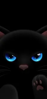 Black cat with blue eyes and playful paw on dark background.