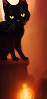 Mystical black cat with glowing eyes in an orange-lit background.