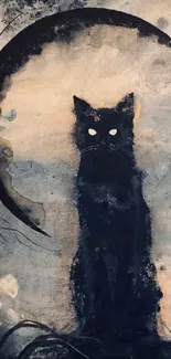 Mysterious black cat under crescent moon in a mystical wallpaper.