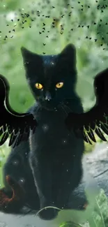 Mystical black cat with wings in a forest