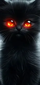 Black cat with glowing red eyes on a dark background.