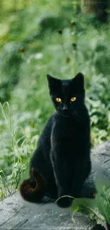 Black cat sitting outdoors amidst lush greenery.