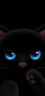 Mystical black cat with striking blue eyes on a sleek wallpaper.