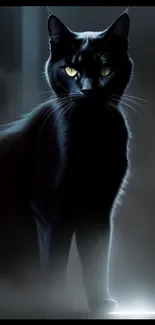 Mystical black cat with piercing eyes in a dark setting.