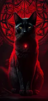 Mystical black cat with a red aura, gothic design, mobile wallpaper.