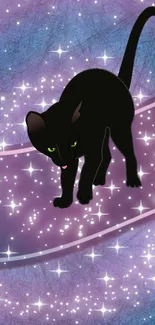 Black cat on a magical purple starry background.