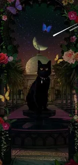 Black cat in a garden under a crescent moon at night.