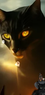 Black cat with glowing eyes in a Halloween theme, featuring small ghost icons.