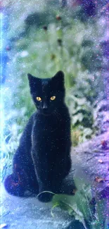 Mystical black cat in a cosmic forest setting with vibrant colors.