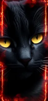 Sleek black cat with glowing golden eyes against a dark background.