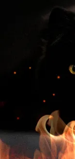 Black cat with fiery eyes and background fire, creating a mystical vibe.