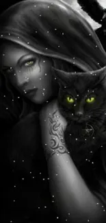 Mystical woman with black cat and crow under moonlight.