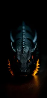 Black dragon with fiery orange highlights on a dark background.